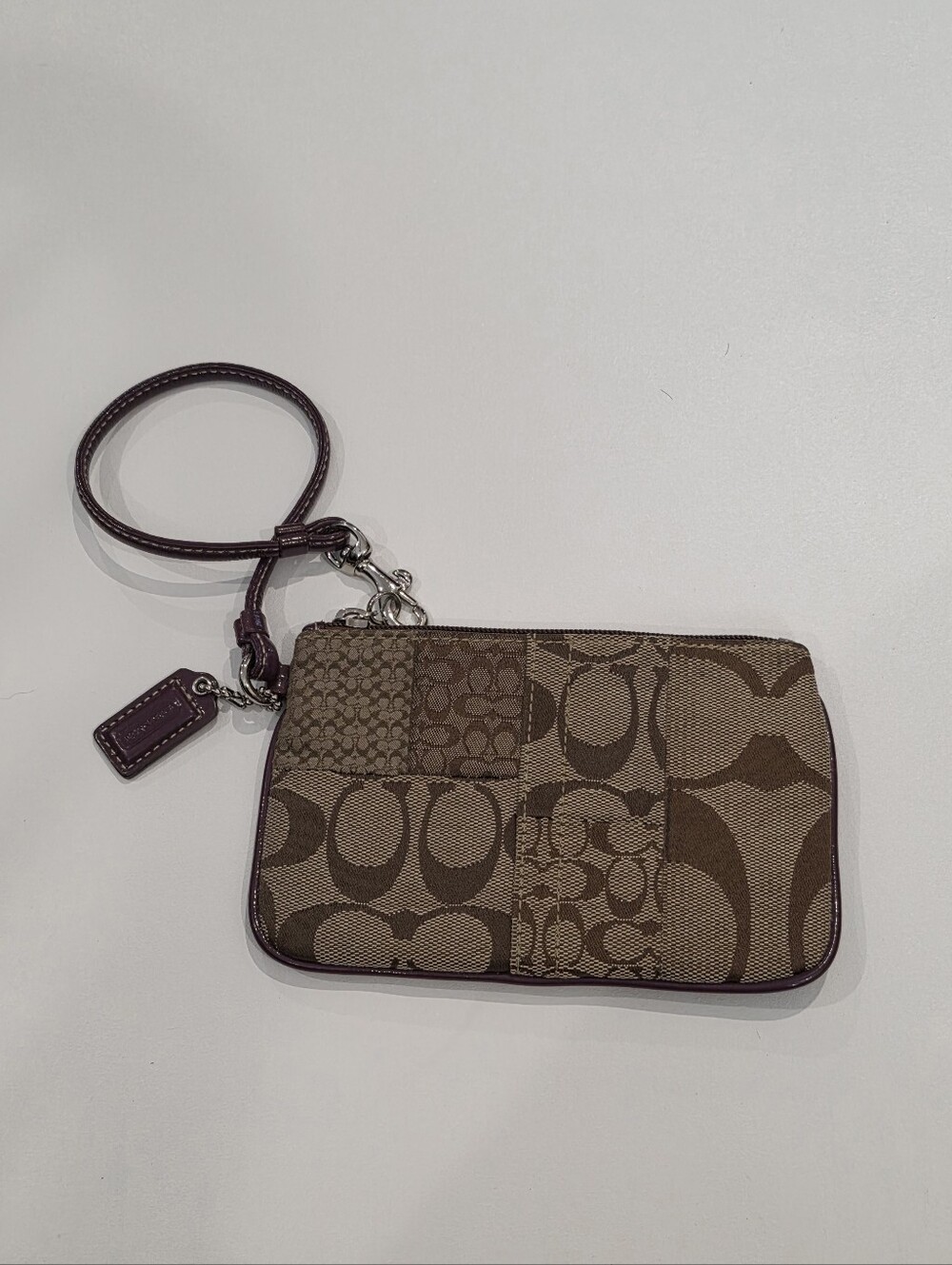Coach Signature Monogram Wristlet Wallet Brown Tan Canvas Purple Strap Interior